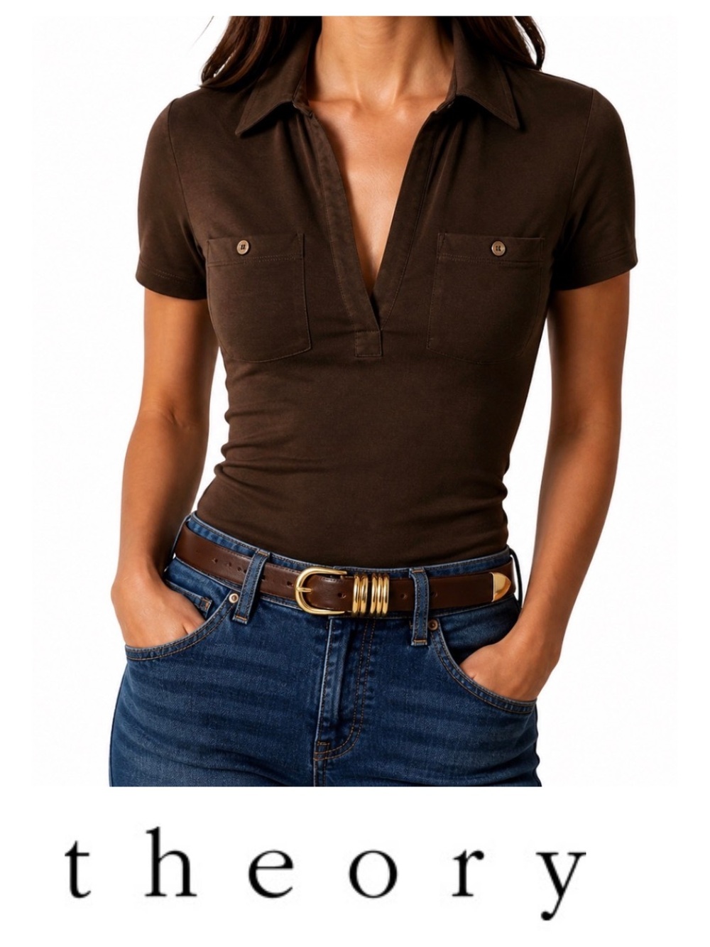 Theory Brown Short Sleeve Collared Top with stretch, Size Small